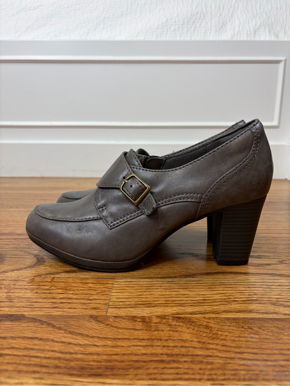 Clarks Gray Brynn Poppy Buckle Block Heel Loafer (9)